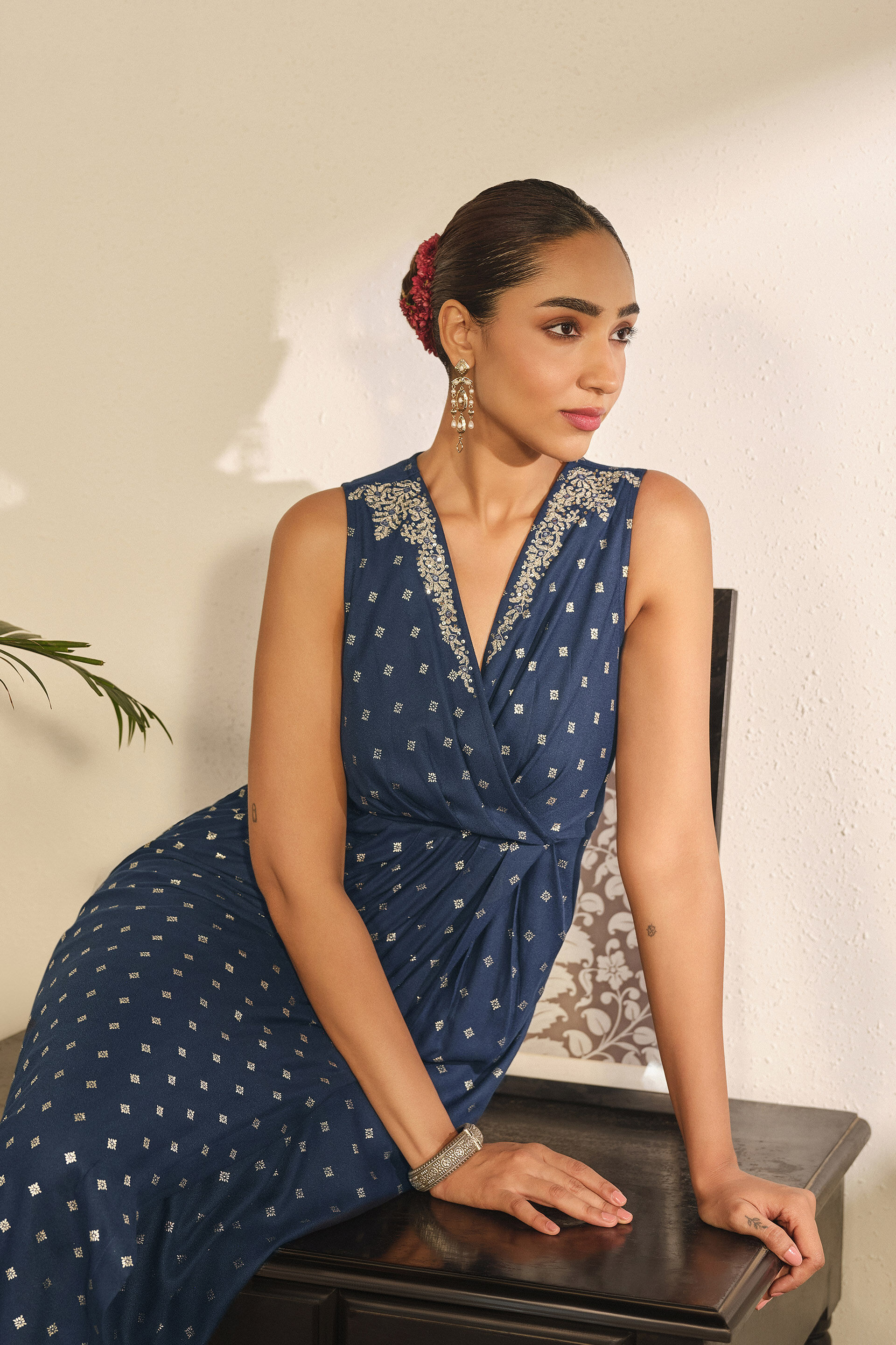 Printed Wrap Maxi Dress in Indigo, Indigo, image 2